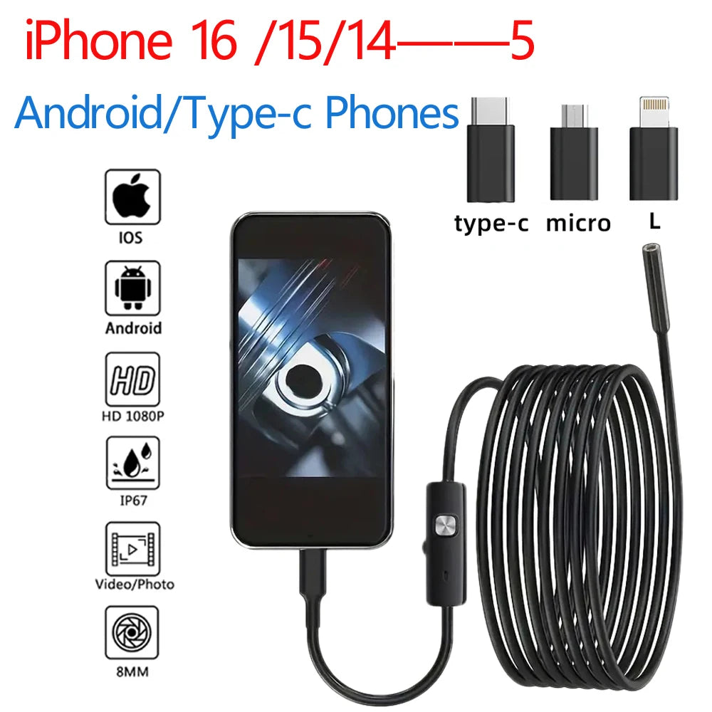 HD Inspection Camera – Flexible Borescope for Car Diagnostics (iOS/Android)
