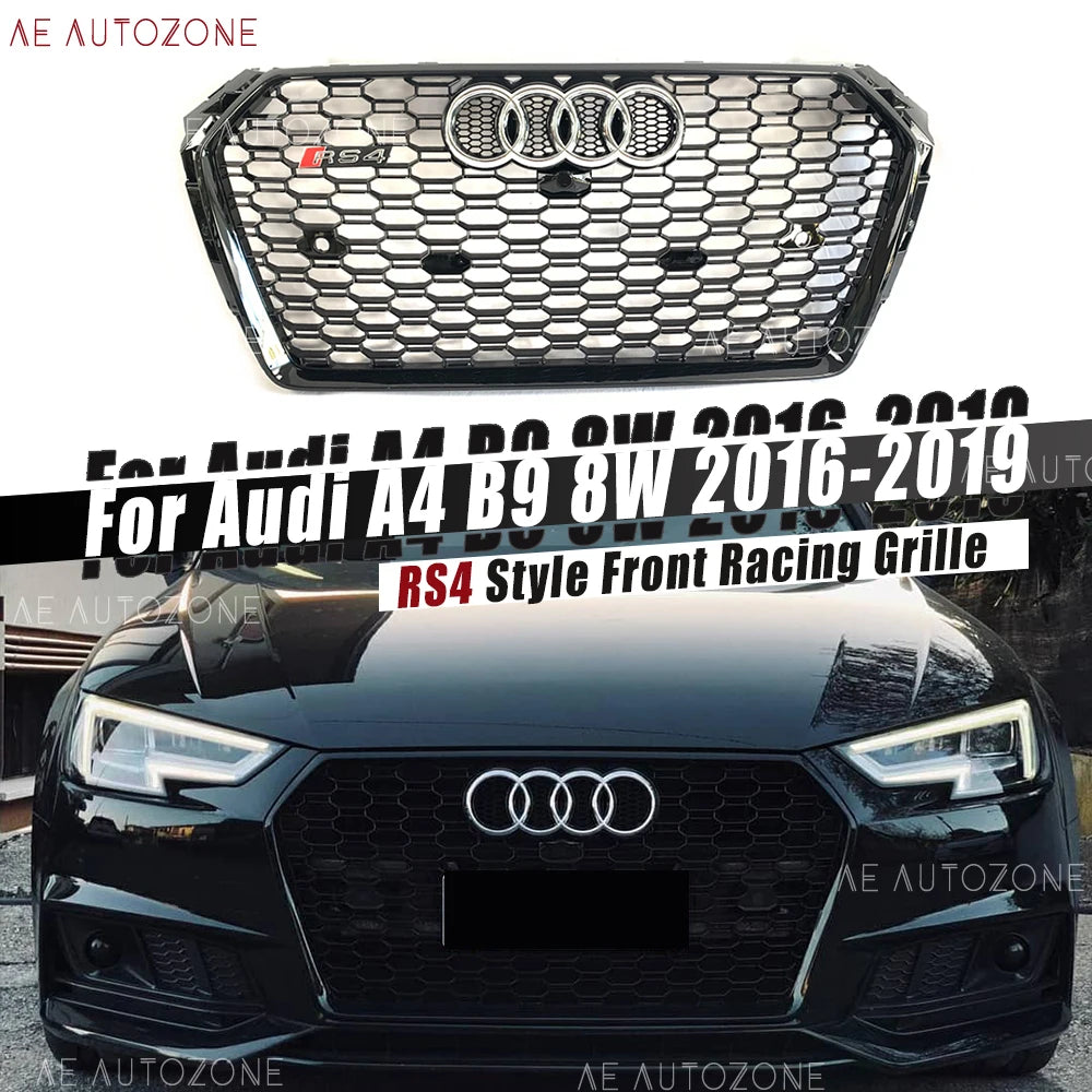RS4 Style Honeycomb Grille - Gloss Black Front Bumper Upgrade (Audi A4 B9/S4)